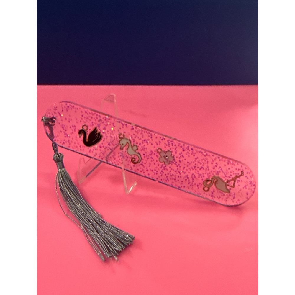 Handmade Pink Glitter Resin Bookmark with Animal Charms and Silver Tassel New